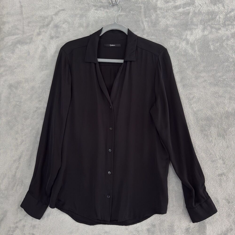 Quince Washable Silk Blouse Womens Large Black Button Down Long Sleeve